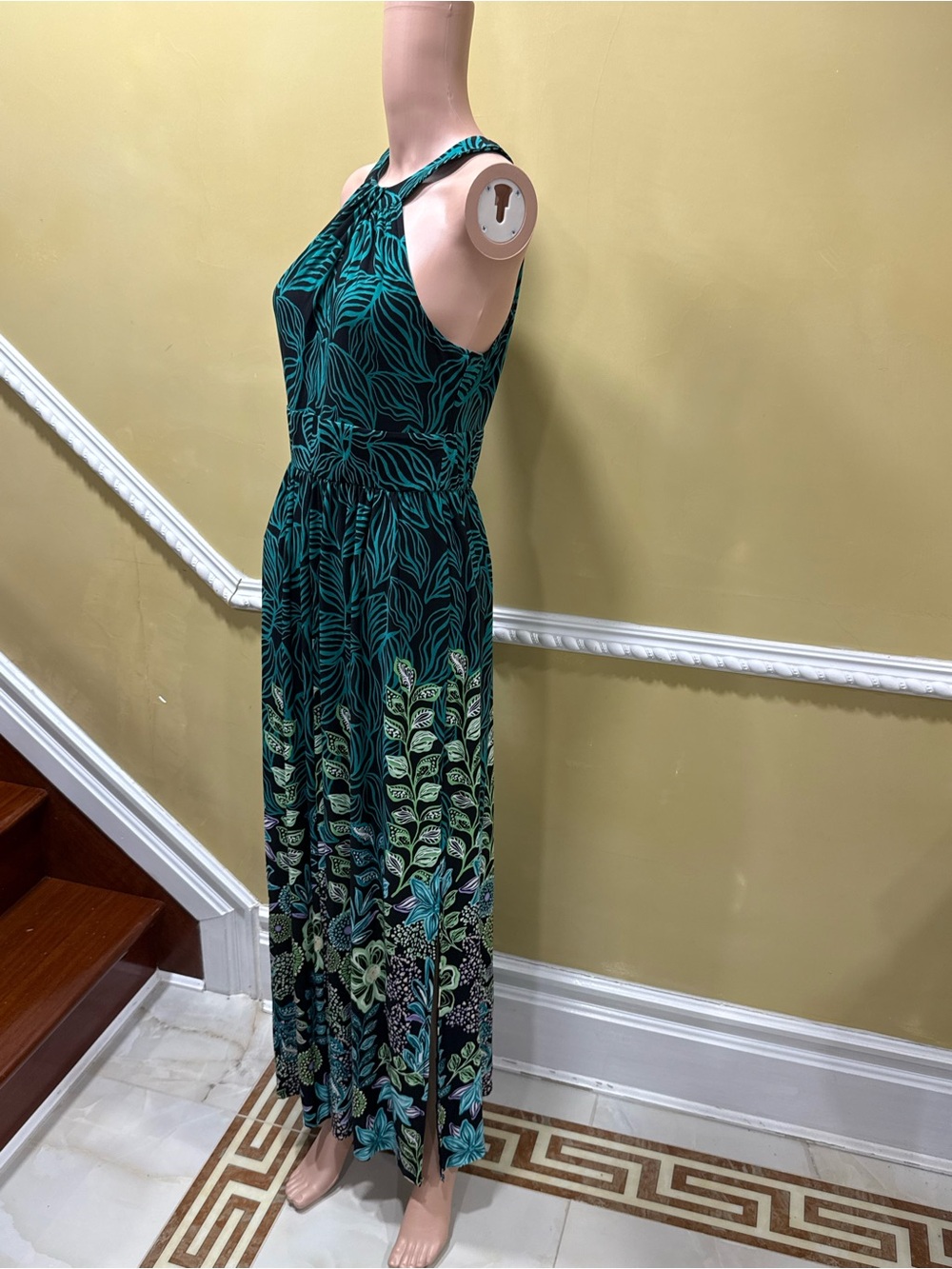 London Times Teal and Black Leaf-Print Halter Maxi Dress - Picture 3 of 9